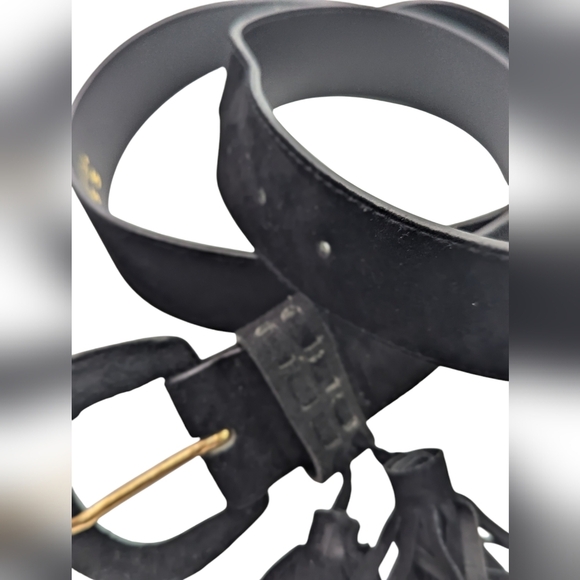 Vintage Express Black Suede Leather Belt Gold Buckle Tassel Boho L - Picture 2 of 6